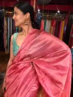 Pink Handwoven Tussar Silk Saree with Tissue Silk Zari Weaves
