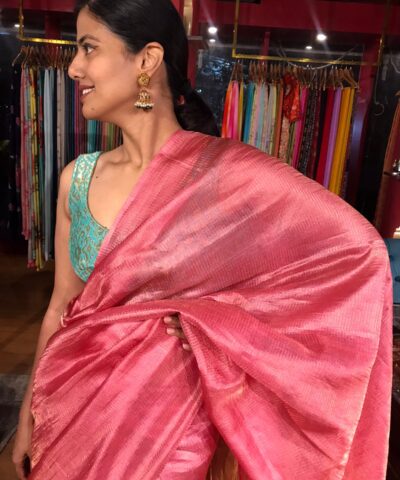 Pink Handwoven Tussar Silk Saree with Tissue Silk Zari Weaves