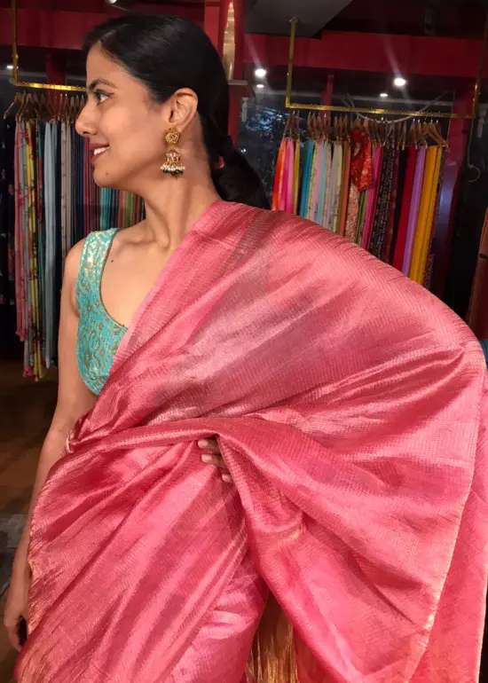 Pink Handwoven Tussar Silk Saree with Tissue Silk Zari Weaves
