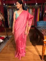 Pink Handwoven Tussar Silk Saree with Tissue Silk Zari Weaves - Image 6