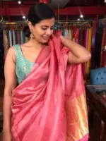 Pink Handwoven Tussar Silk Saree with Tissue Silk Zari Weaves - Image 5
