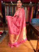 Pink Handwoven Tussar Silk Saree with Tissue Silk Zari Weaves - Image 7