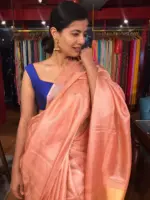 Peach Handwoven Tussar Silk Saree with Tissue Silk Zari Weaves - Image 3