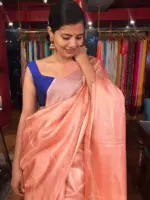 Peach Handwoven Tussar Silk Saree with Tissue Silk Zari Weaves