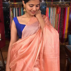 Peach Handwoven Tussar Silk Saree with Tissue Silk Zari Weaves