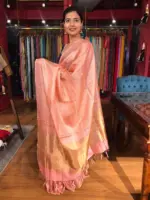 Peach Handwoven Tussar Silk Saree with Tissue Silk Zari Weaves - Image 4