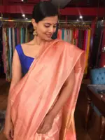 Peach Handwoven Tussar Silk Saree with Tissue Silk Zari Weaves - Image 2