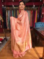 Peach Handwoven Tussar Silk Saree with Tissue Silk Zari Weaves - Image 7