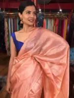 Peach Handwoven Tussar Silk Saree with Tissue Silk Zari Weaves - Image 5