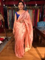 Peach Handwoven Tussar Silk Saree with Tissue Silk Zari Weaves - Image 8