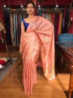 Peach Handwoven Tussar Silk Saree with Tissue Silk Zari Weaves - Image 6