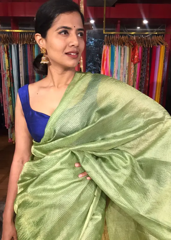Green Tussar Silk Saree with Tissue Silk Zari Weaves