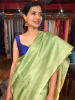 Green Tussar Silk Saree with Tissue Silk Zari Weaves - Image 3
