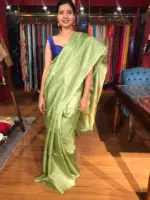 Green Tussar Silk Saree with Tissue Silk Zari Weaves - Image 4