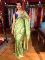 Green Tussar Silk Saree with Tissue Silk Zari Weaves - Image 6