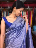 Blue Tussar Silk Saree with Gold Zari Stripes