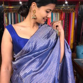 Blue Tussar Silk Saree with Gold Zari Stripes