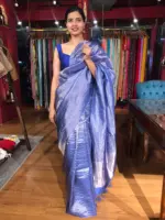 Blue Tussar Silk Saree with Gold Zari Stripes - Image 3