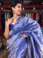 Blue Tussar Silk Saree with Gold Zari Stripes - Image 2
