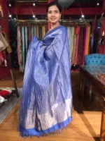 Blue Tussar Silk Saree with Gold Zari Stripes - Image 5