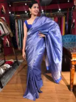 Blue Tussar Silk Saree with Gold Zari Stripes - Image 4