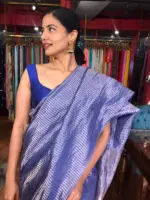 Blue Tussar Silk Saree with Gold Zari Stripes - Image 7