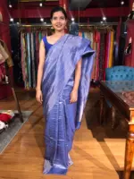 Blue Tussar Silk Saree with Gold Zari Stripes - Image 6