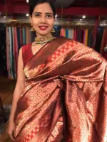 Maroon Banarasi Katan Silk Saree adorned with Meenakari Weaves - Image 9