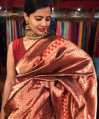 Maroon Banarasi Katan Silk Saree adorned with Meenakari Weaves