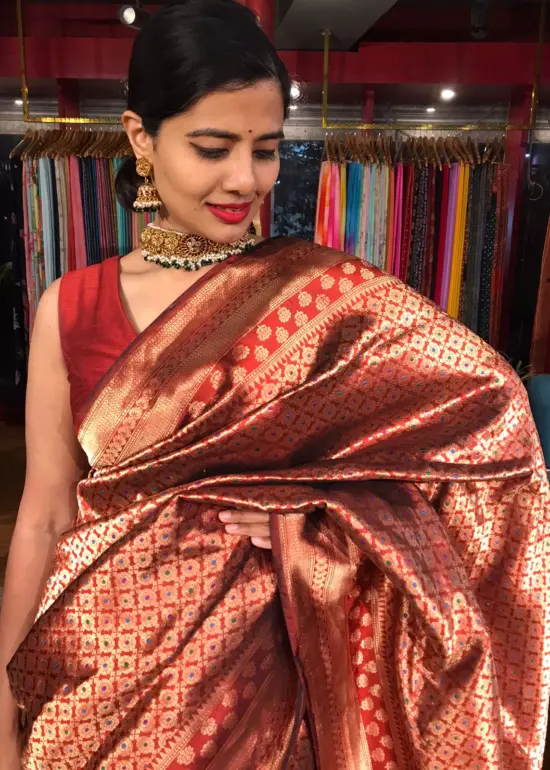 Maroon Banarasi Katan Silk Saree adorned with Meenakari Weaves