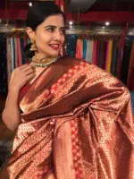Maroon Banarasi Katan Silk Saree adorned with Meenakari Weaves - Image 4