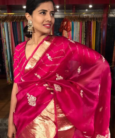 Rani Pink Organza Silk Saree adorned with Gotapatti Work