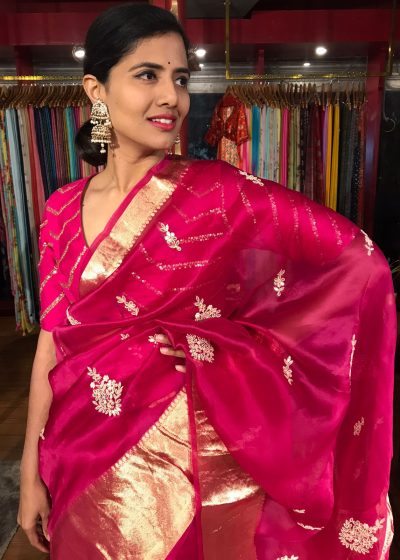 Rani Pink Organza Silk Saree adorned with Gotapatti Work