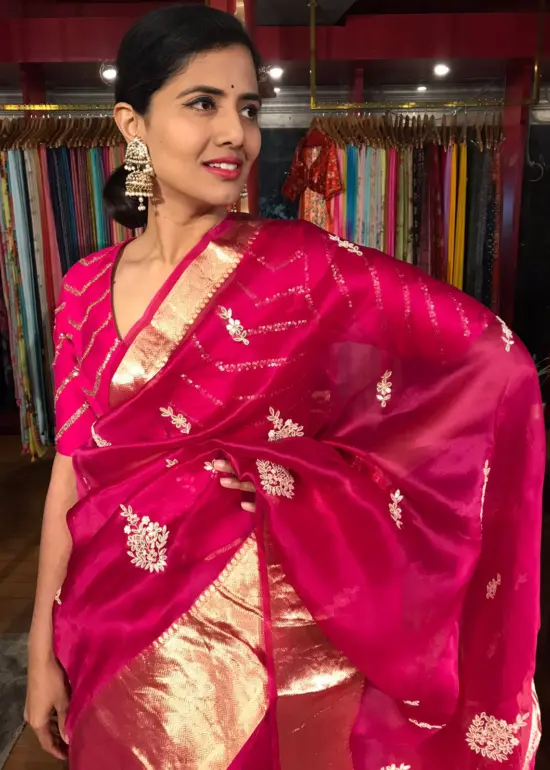 Rani Pink Organza Silk Saree adorned with Gotapatti Work