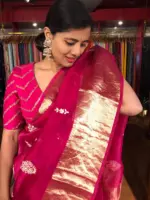 Rani Pink Organza Silk Saree adorned with Gotapatti Work - Image 4