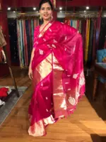 Rani Pink Organza Silk Saree adorned with Gotapatti Work - Image 2