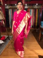 Rani Pink Organza Silk Saree adorned with Gotapatti Work - Image 6
