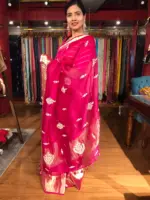 Rani Pink Organza Silk Saree adorned with Gotapatti Work - Image 7