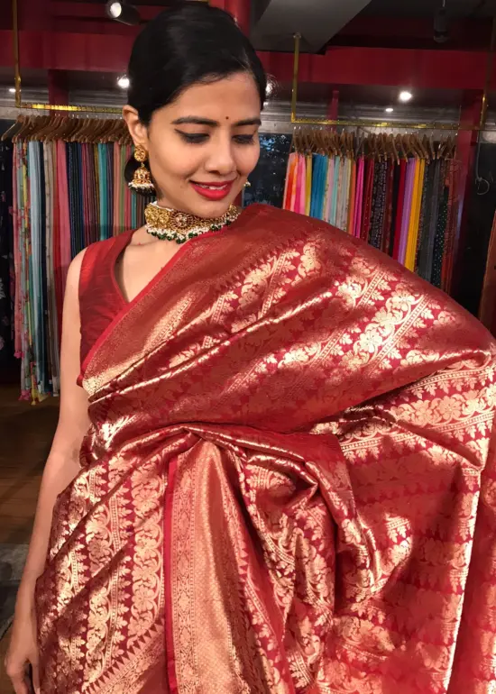 Maroon Banarasi Katan Silk Saree Handwoven in Gold Zari