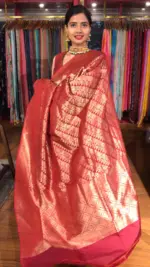 Maroon Banarasi Katan Silk Saree Handwoven in Gold Zari - Image 5