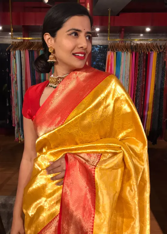 Yellow Banarasi Katan Silk Saree with Gold Zari Weaves