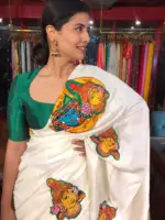 Ivory Silk Saree Handpainted with Beautiful Kerala Murals
