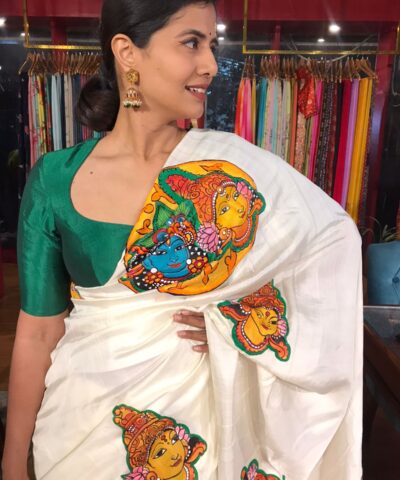 Ivory Silk Saree Handpainted with Beautiful Kerala Murals