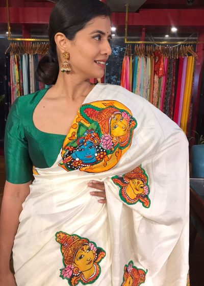 Ivory Silk Saree Handpainted with Beautiful Kerala Murals