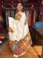 Ivory Silk Saree Handpainted with Beautiful Kerala Murals - Image 4