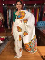 Ivory Silk Saree Handpainted with Beautiful Kerala Murals - Image 5