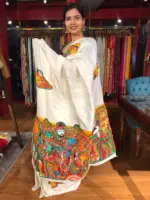 Ivory Silk Saree Handpainted with Beautiful Kerala Murals - Image 6