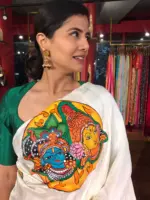 Ivory Silk Saree Handpainted with Beautiful Kerala Murals - Image 3