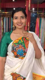 Ivory Silk Saree Handpainted with Beautiful Kerala Murals - Image 2
