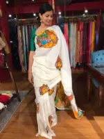 Ivory Silk Saree Handpainted with Beautiful Kerala Murals - Image 7